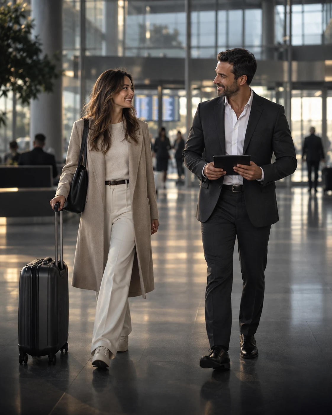 Illustration d’un chauffeur accueillant une voyageuse avec ses bagages dans un hall d’arrivée